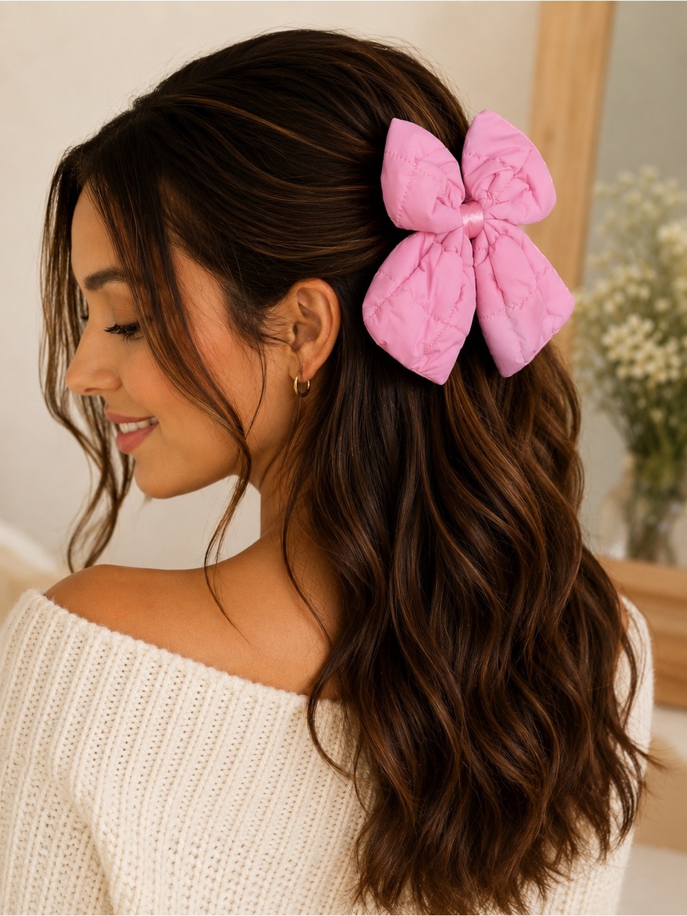 Goody Luxe Pink Quilted Puffer Bow Barrette Stay-Tight Hair Clip NWT